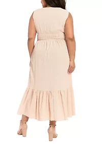 Plus Seersucker Striped Tie Waist V-Neck Maxi Dress