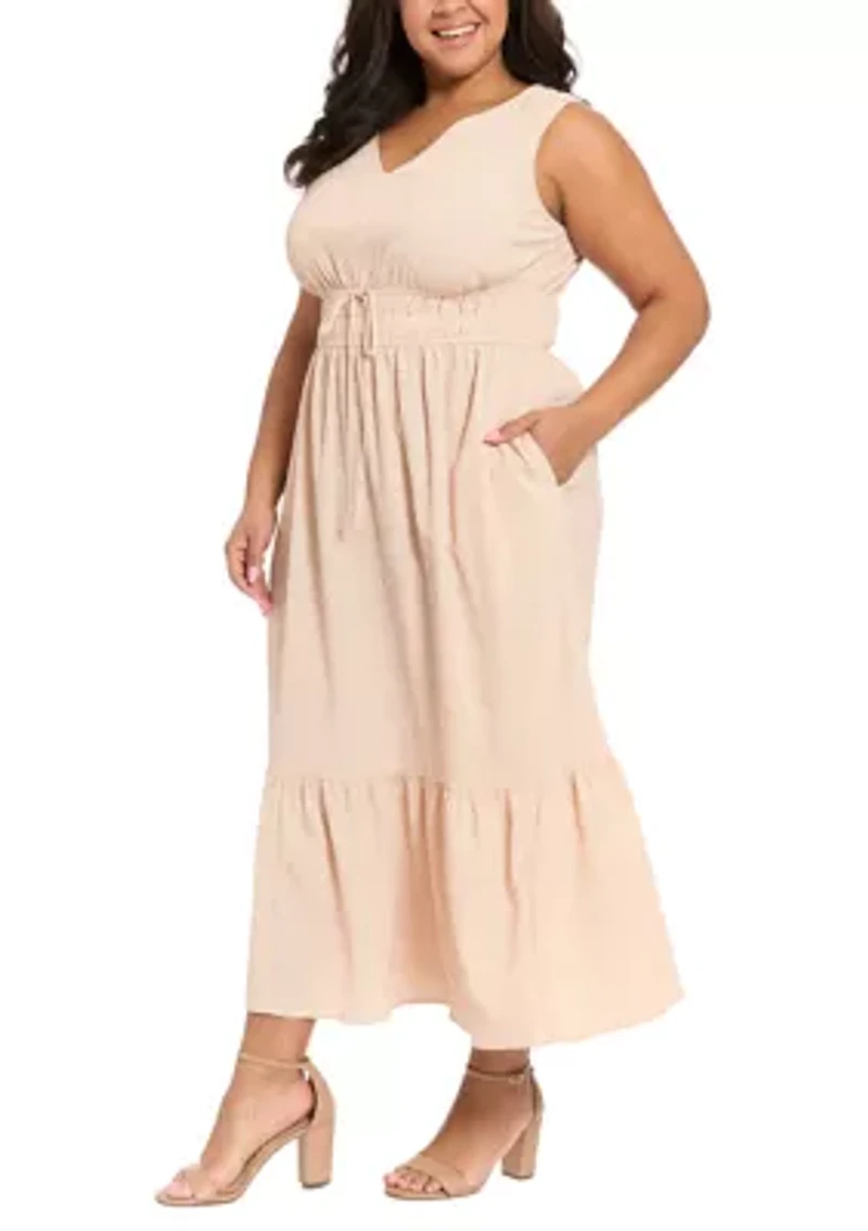 Plus Seersucker Striped Tie Waist V-Neck Maxi Dress