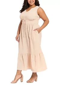 Plus Seersucker Striped Tie Waist V-Neck Maxi Dress