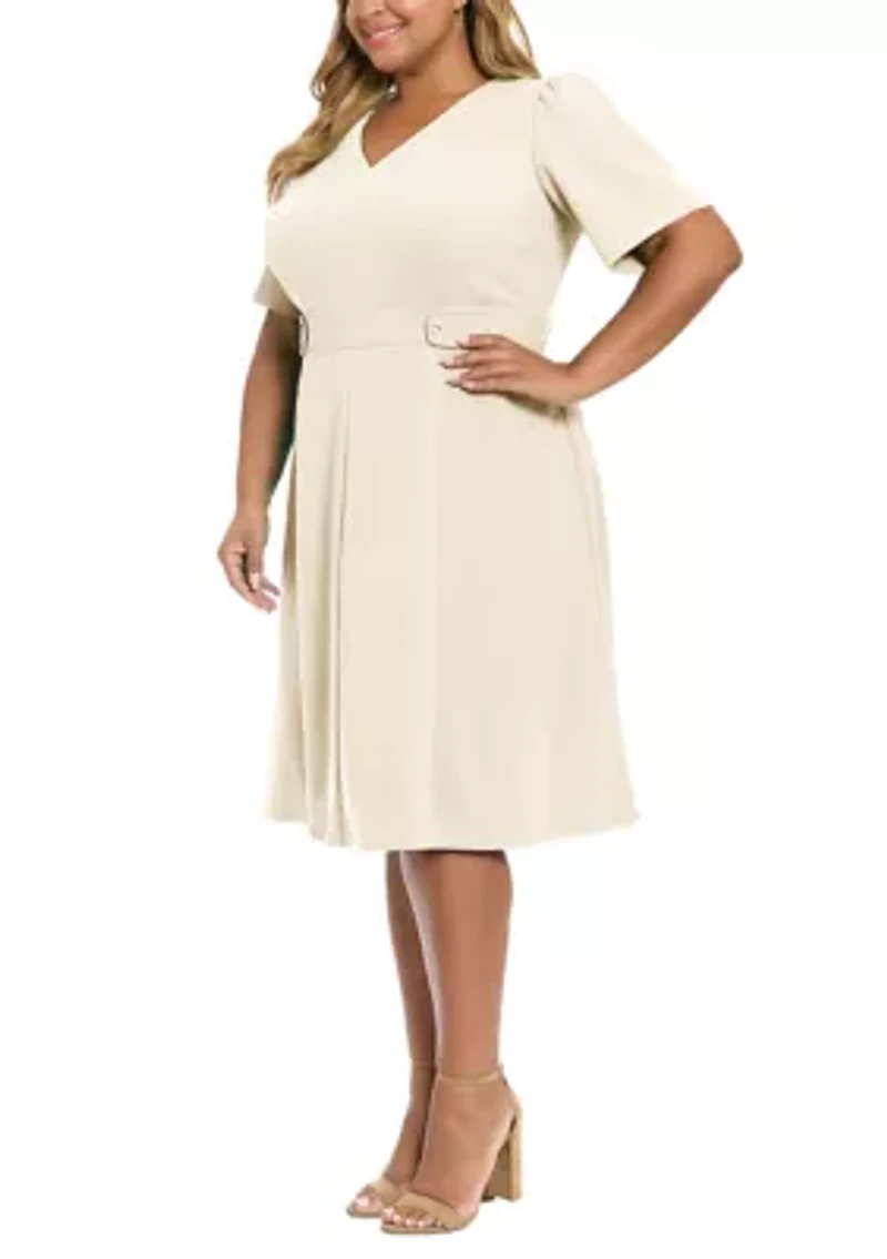 Plus Short Sleeve Side Tab Scuba Midi Dress
