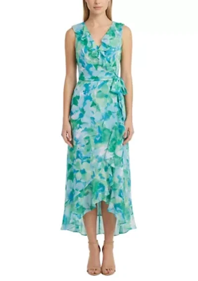 Women's Chiffon V-Neck Watercolor Maxi Dress