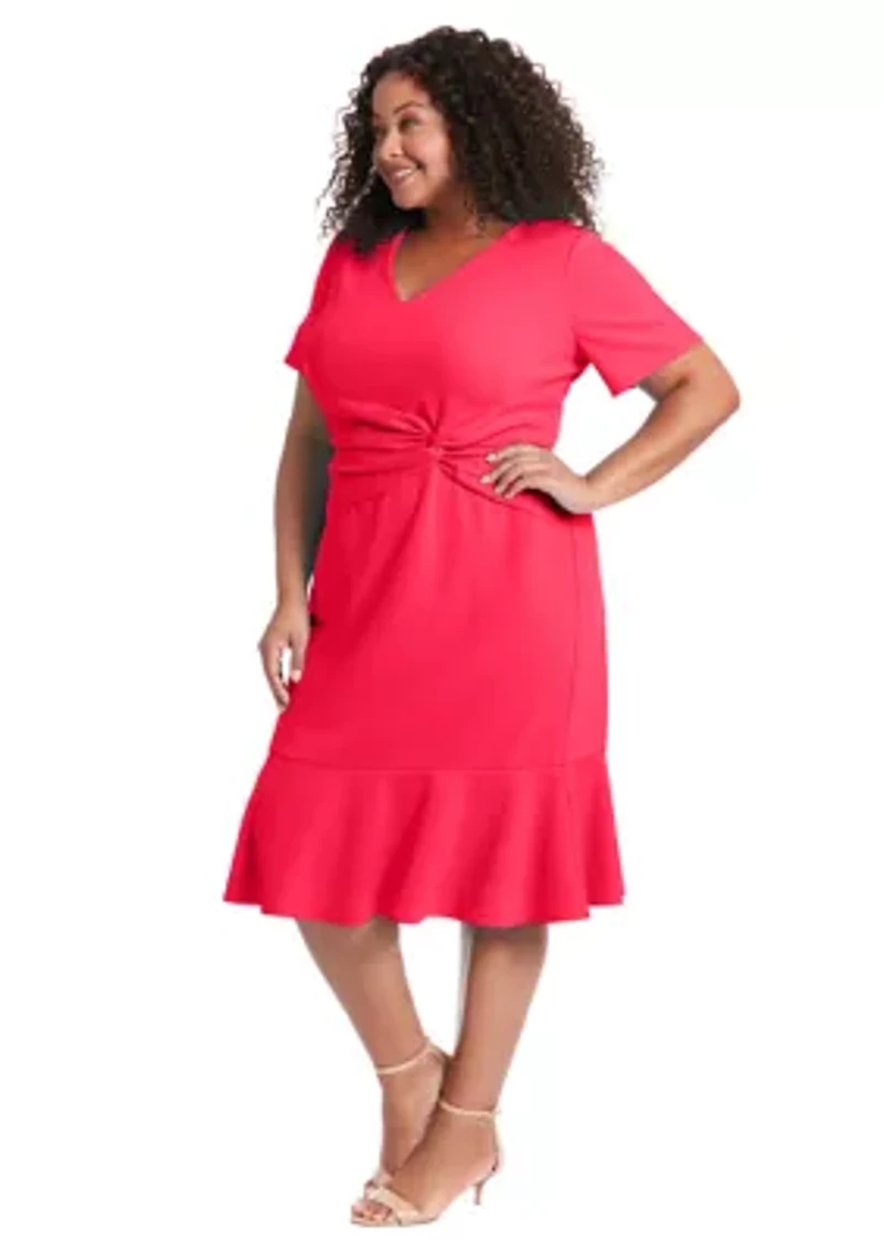 Plus Short Sleeve V-Neck Midi Dress