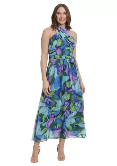 Women's Printed Chiffon Wrap Neck Halter Maxi Dress