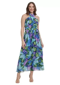 Women's Printed Chiffon Wrap Neck Halter Maxi Dress