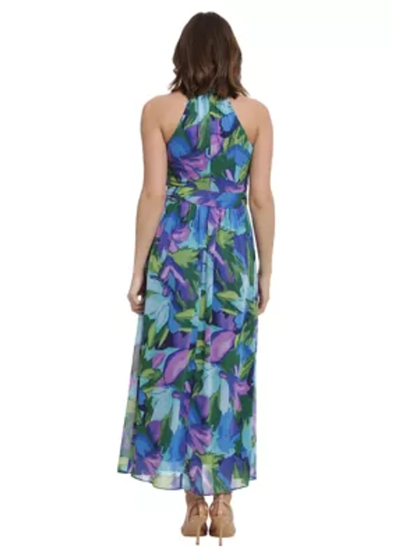 Women's Printed Chiffon Wrap Neck Halter Maxi Dress