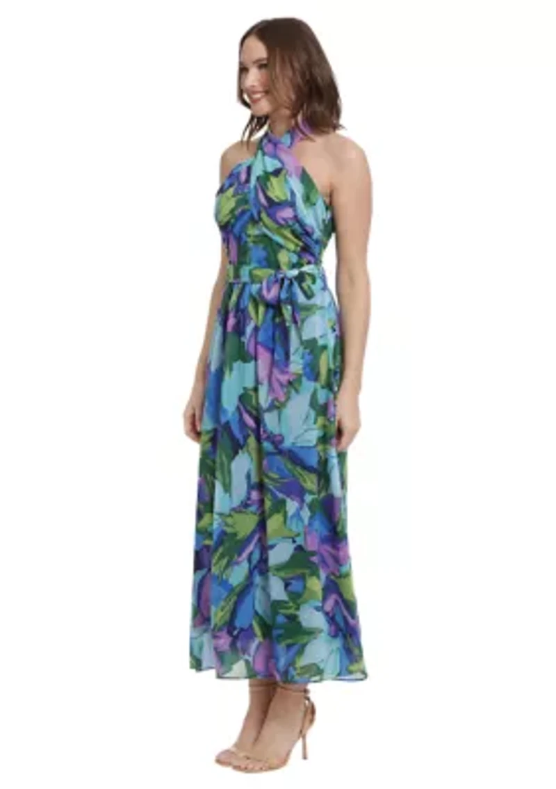 Women's Printed Chiffon Wrap Neck Halter Maxi Dress
