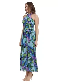 Women's Printed Chiffon Wrap Neck Halter Maxi Dress