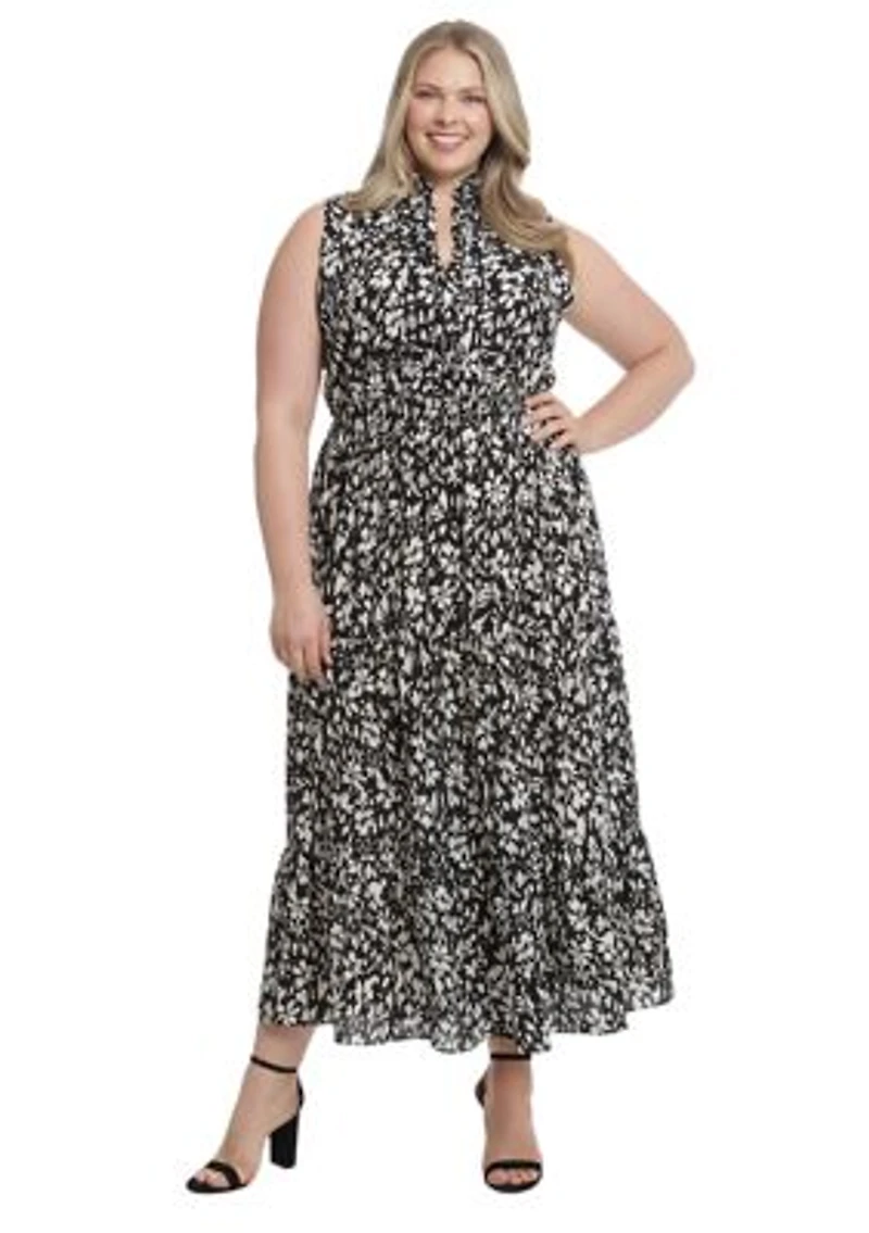 Plus Printed Bubble Crepe Ruffle Neck Smocked Waist Halter Tiered Maxi Dress