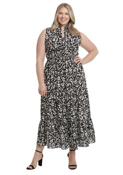 Plus Printed Bubble Crepe Ruffle Neck Smocked Waist Halter Tiered Maxi Dress