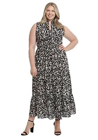 Plus Printed Bubble Crepe Ruffle Neck Smocked Waist Halter Tiered Maxi Dress