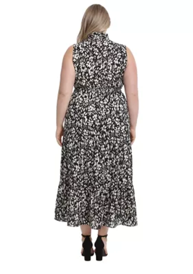 Plus Printed Bubble Crepe Ruffle Neck Smocked Waist Halter Tiered Maxi Dress