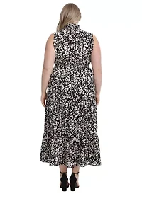 Plus Printed Bubble Crepe Ruffle Neck Smocked Waist Halter Tiered Maxi Dress