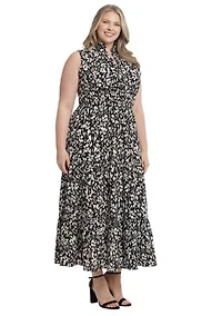 Plus Printed Bubble Crepe Ruffle Neck Smocked Waist Halter Tiered Maxi Dress