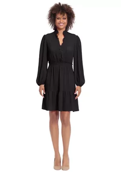 Women's Long Sleeve Elastic Waist Solid Crepe Babydoll Dress