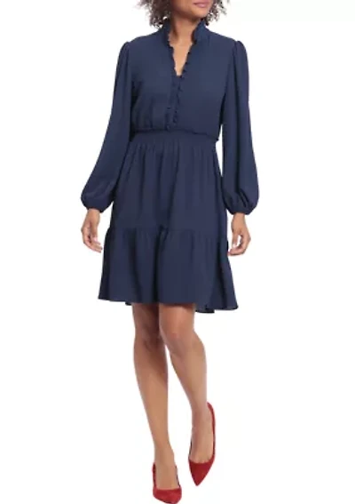 Petite Long Sleeve Elastic Waist Solid Crepe Babydoll Dress