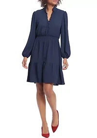 Petite Long Sleeve Elastic Waist Solid Crepe Babydoll Dress