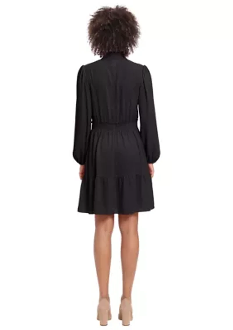 Women's Long Sleeve Elastic Waist Solid Crepe Babydoll Dress