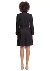 Women's Long Sleeve Elastic Waist Solid Crepe Babydoll Dress
