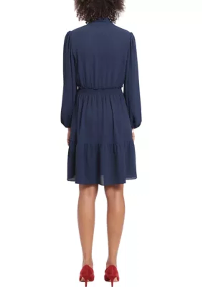 Petite Long Sleeve Elastic Waist Solid Crepe Babydoll Dress