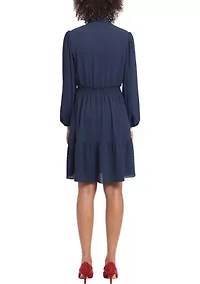 Petite Long Sleeve Elastic Waist Solid Crepe Babydoll Dress