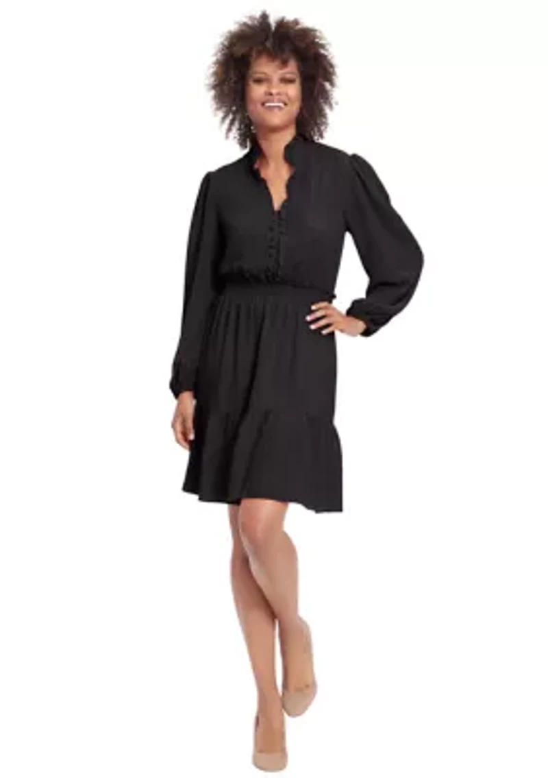 Women's Long Sleeve Elastic Waist Solid Crepe Babydoll Dress