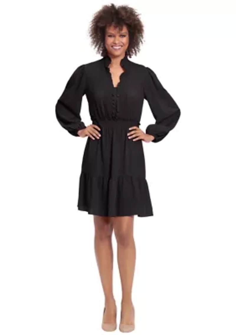 Women's Long Sleeve Elastic Waist Solid Crepe Babydoll Dress