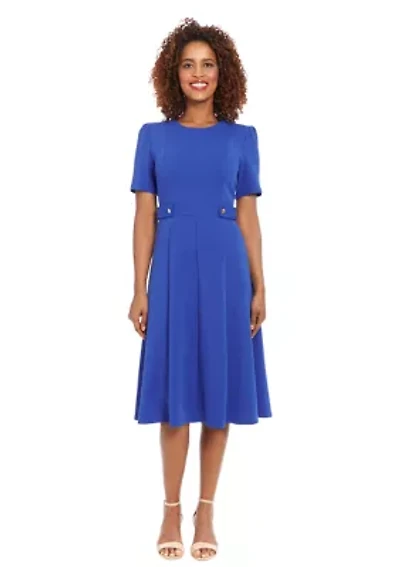 Women's Puff Sleeve Solid Belted Fit and Flare Dress