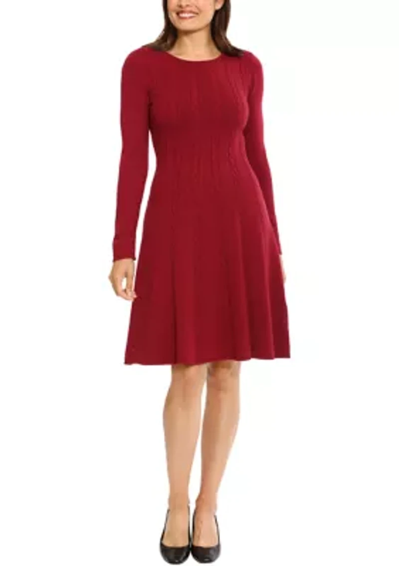 Women's Long Sleeve Cable Knit Fit & Flare Dress