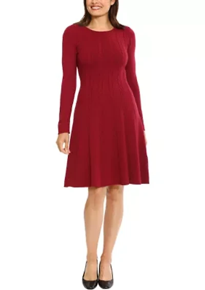 Women's Long Sleeve Cable Knit Fit & Flare Dress