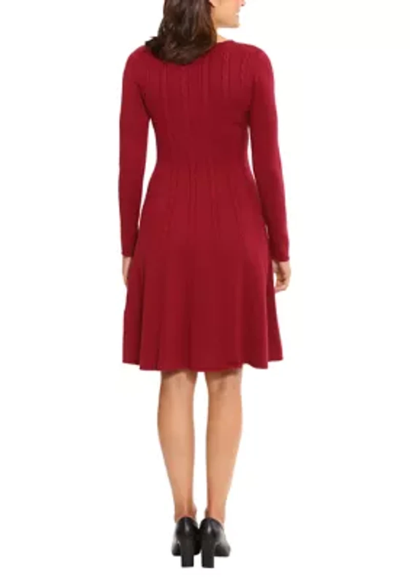 Women's Long Sleeve Cable Knit Fit & Flare Dress
