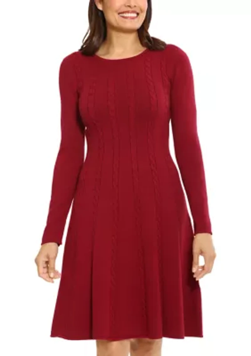 Women's Long Sleeve Cable Knit Fit & Flare Dress