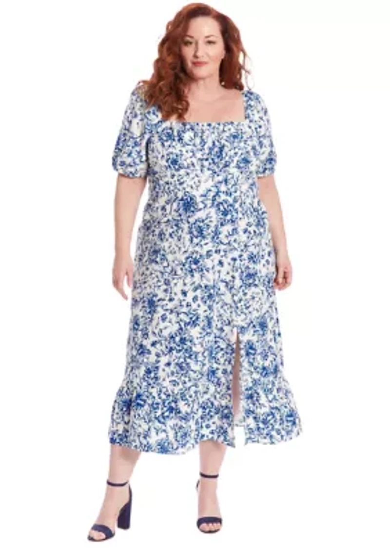Plus Printed Linen Puff Sleeve Ruched Empire Smocked Back Midi Dress