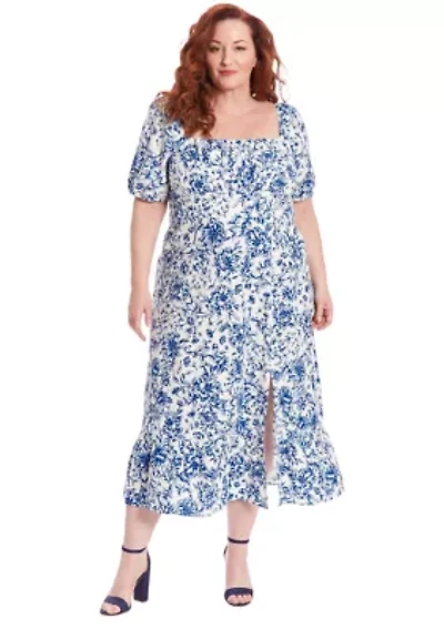 Plus Printed Linen Puff Sleeve Ruched Empire Smocked Back Midi Dress