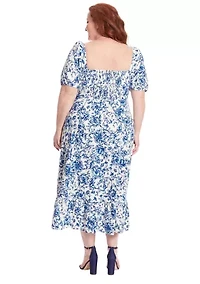Plus Printed Linen Puff Sleeve Ruched Empire Smocked Back Midi Dress