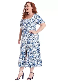 Plus Printed Linen Puff Sleeve Ruched Empire Smocked Back Midi Dress