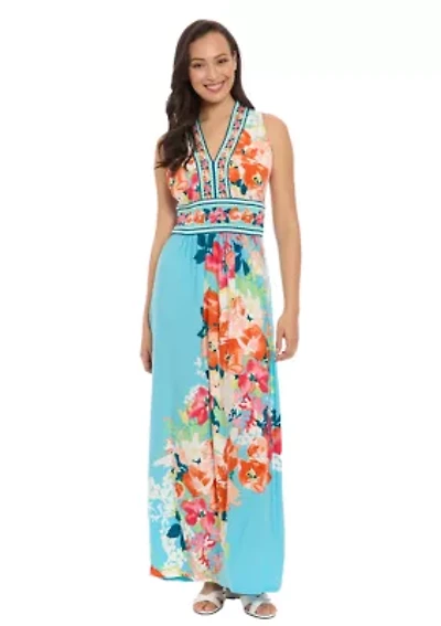 Women's Sleeveless V-Neck Floral Print Maxi Dress