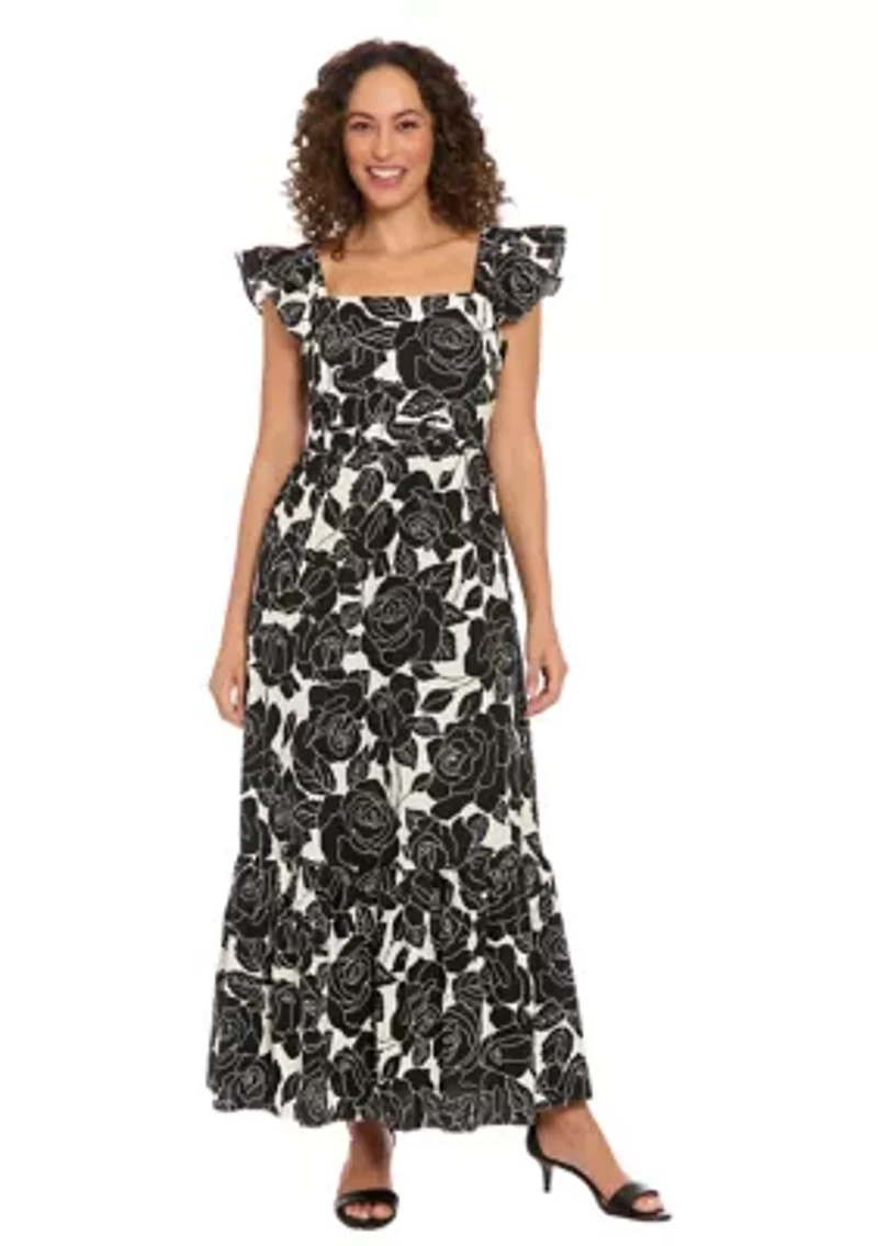 Women's Short Sleeve Square Neck Floral Print Maxi Dress