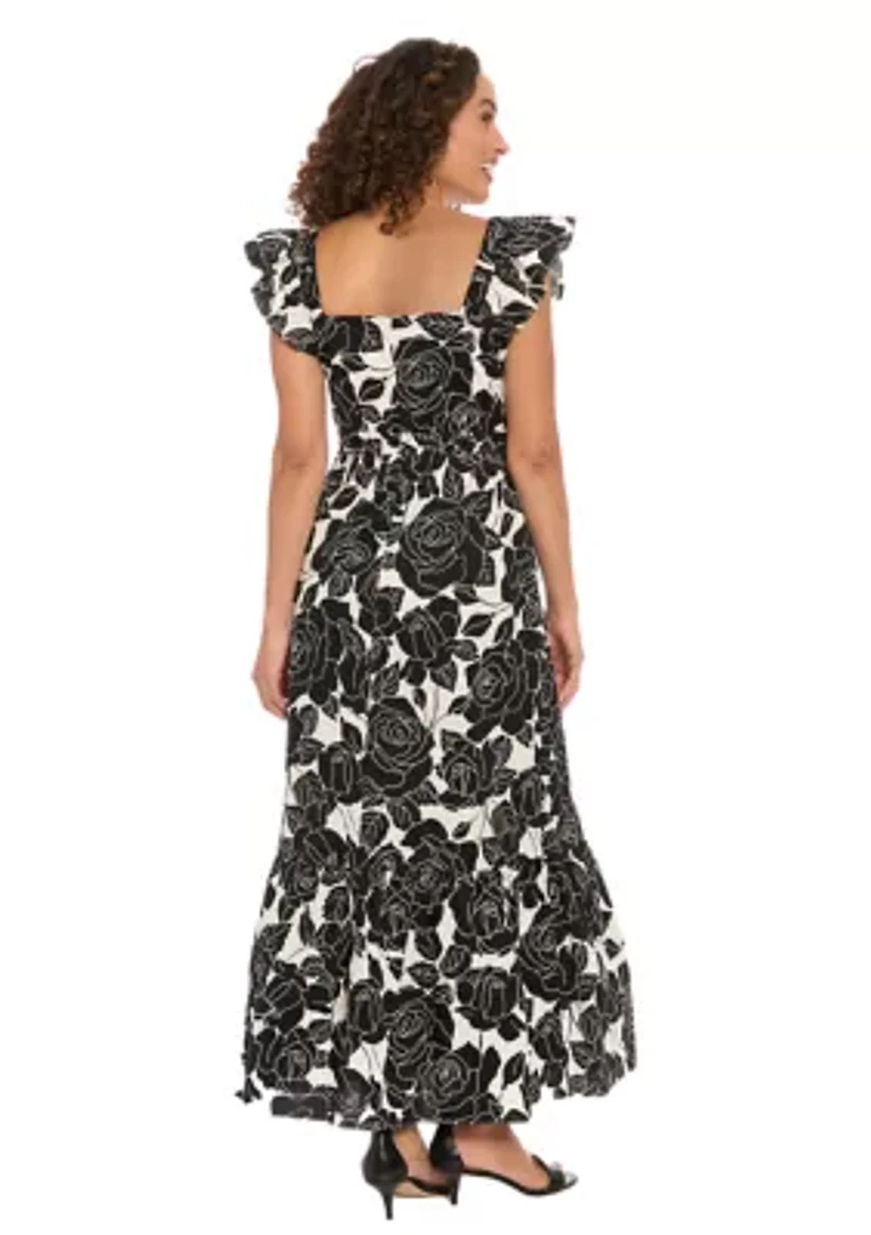 Women's Short Sleeve Square Neck Floral Print Maxi Dress