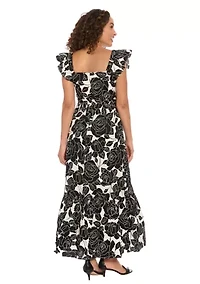 Women's Short Sleeve Square Neck Floral Print Maxi Dress