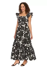Women's Short Sleeve Square Neck Floral Print Maxi Dress