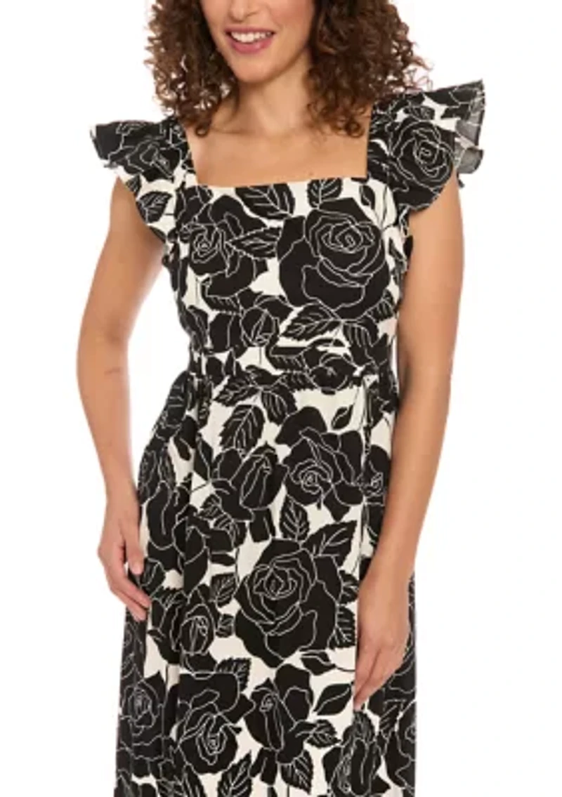 Women's Short Sleeve Square Neck Floral Print Maxi Dress