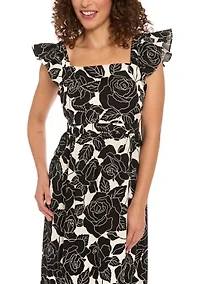 Women's Short Sleeve Square Neck Floral Print Maxi Dress