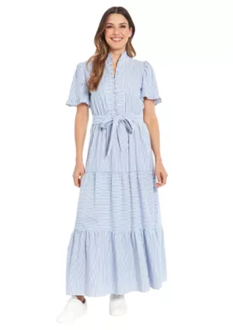 Women's Ruffle Neck Tiered Maxi Dress with Sash