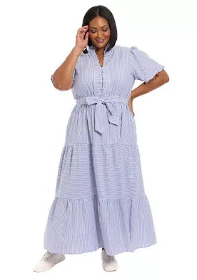 Plus Ruffle Neck Tiered Maxi Dress with Sash