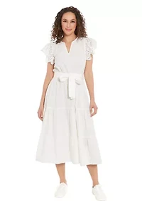 Women's Eyelet Sleeve Cotton Tiered Dress