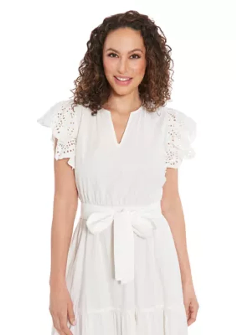 Women's Eyelet Sleeve Cotton Tiered Dress