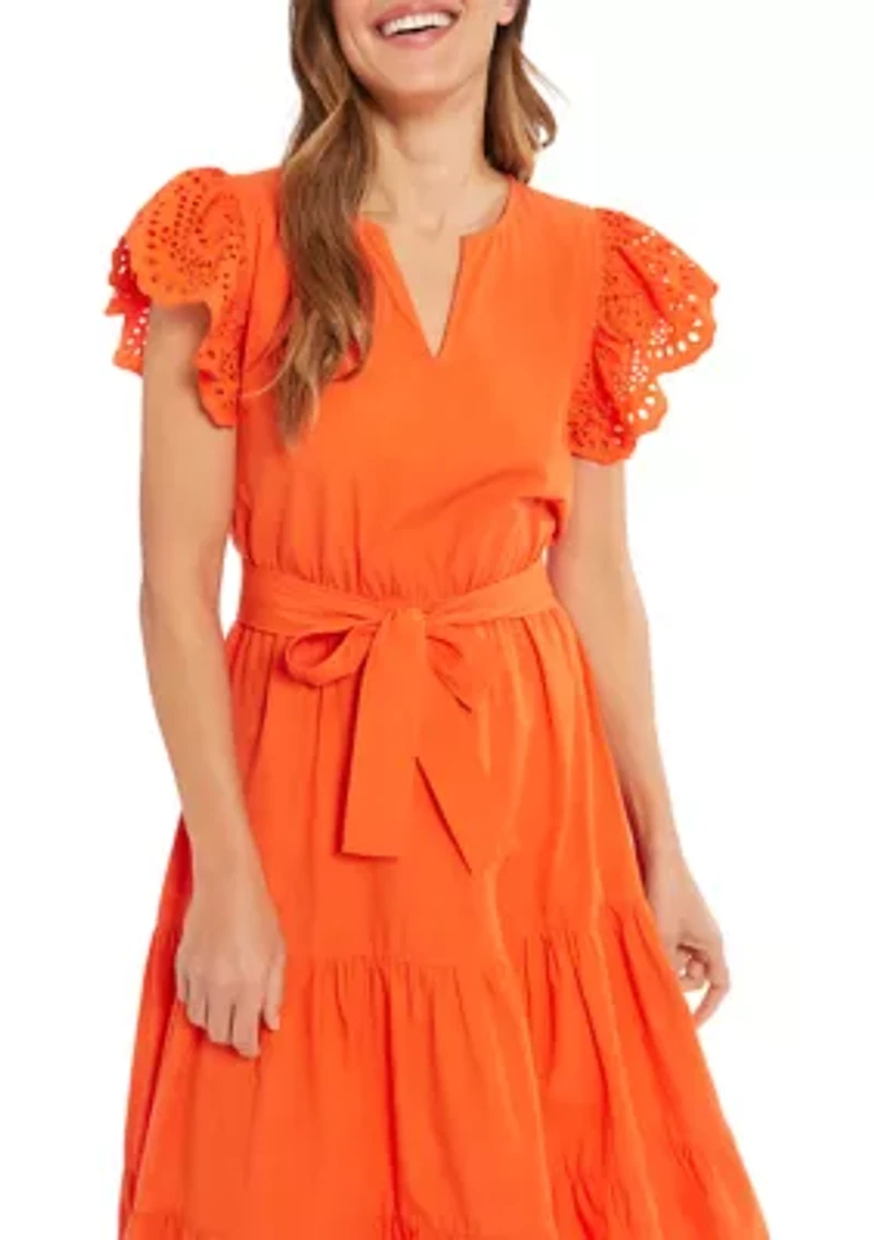 Women's Eyelet Sleeve Cotton Tiered Dress