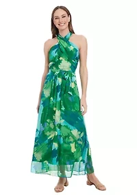 Printed Chiffon Wrap Neck Halter Maxi Dress