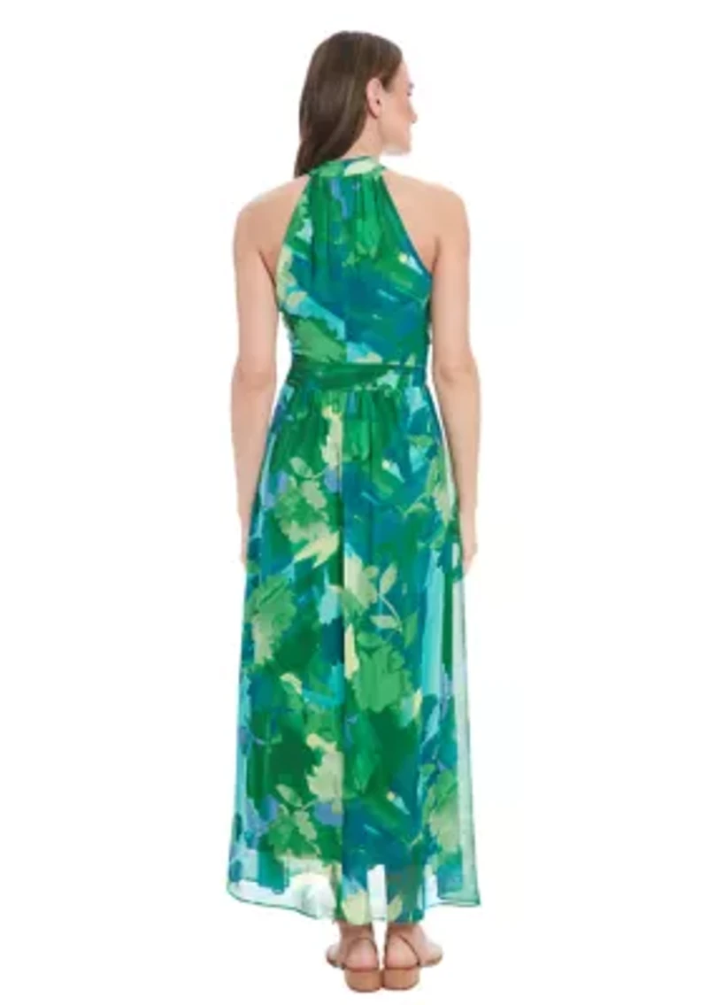 Printed Chiffon Wrap Neck Halter Maxi Dress