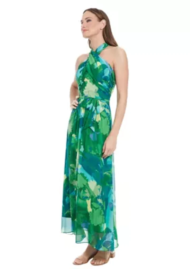 Printed Chiffon Wrap Neck Halter Maxi Dress